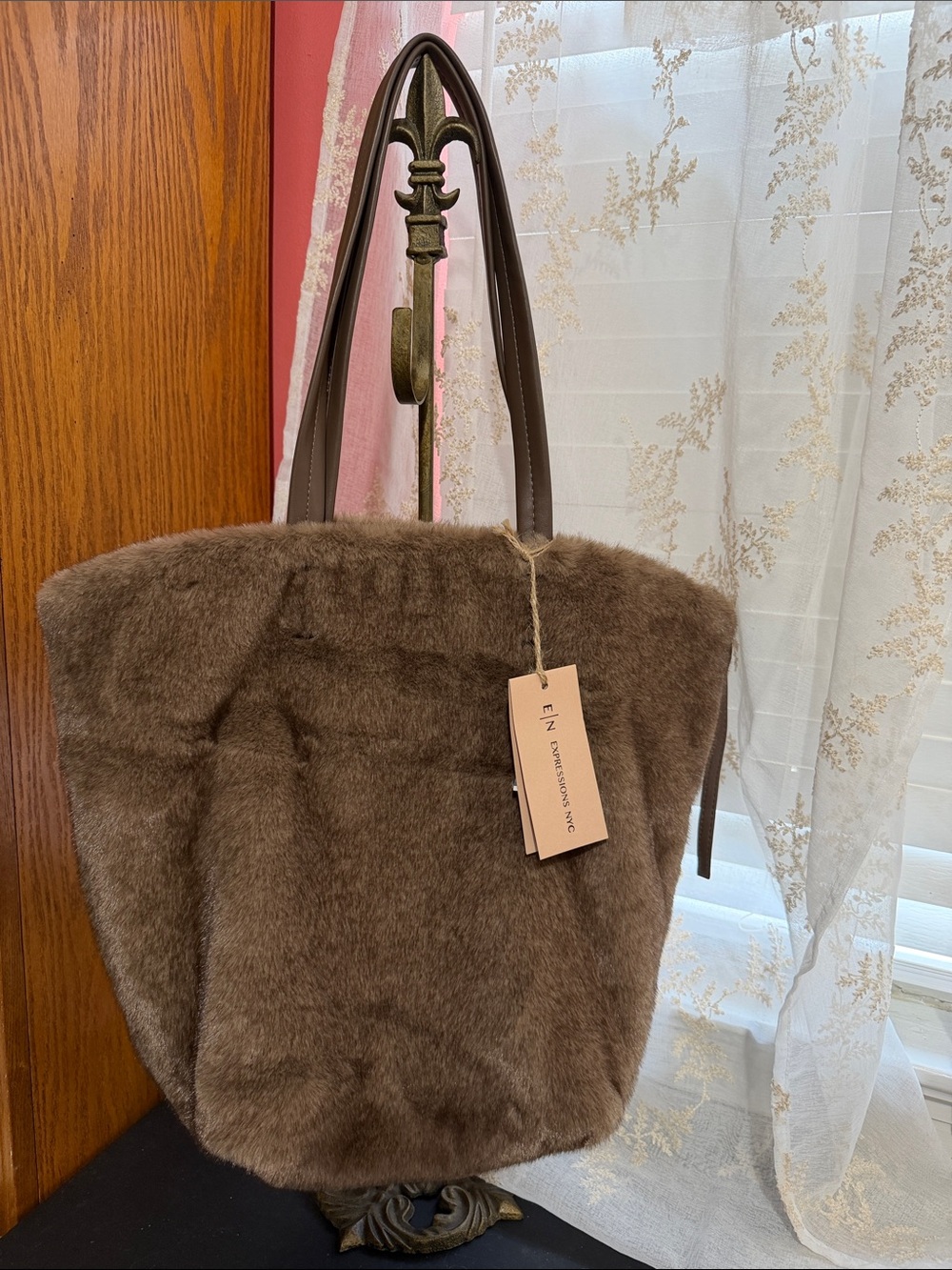 Expressions NYC fur with soft butter leather straps shoulder bag